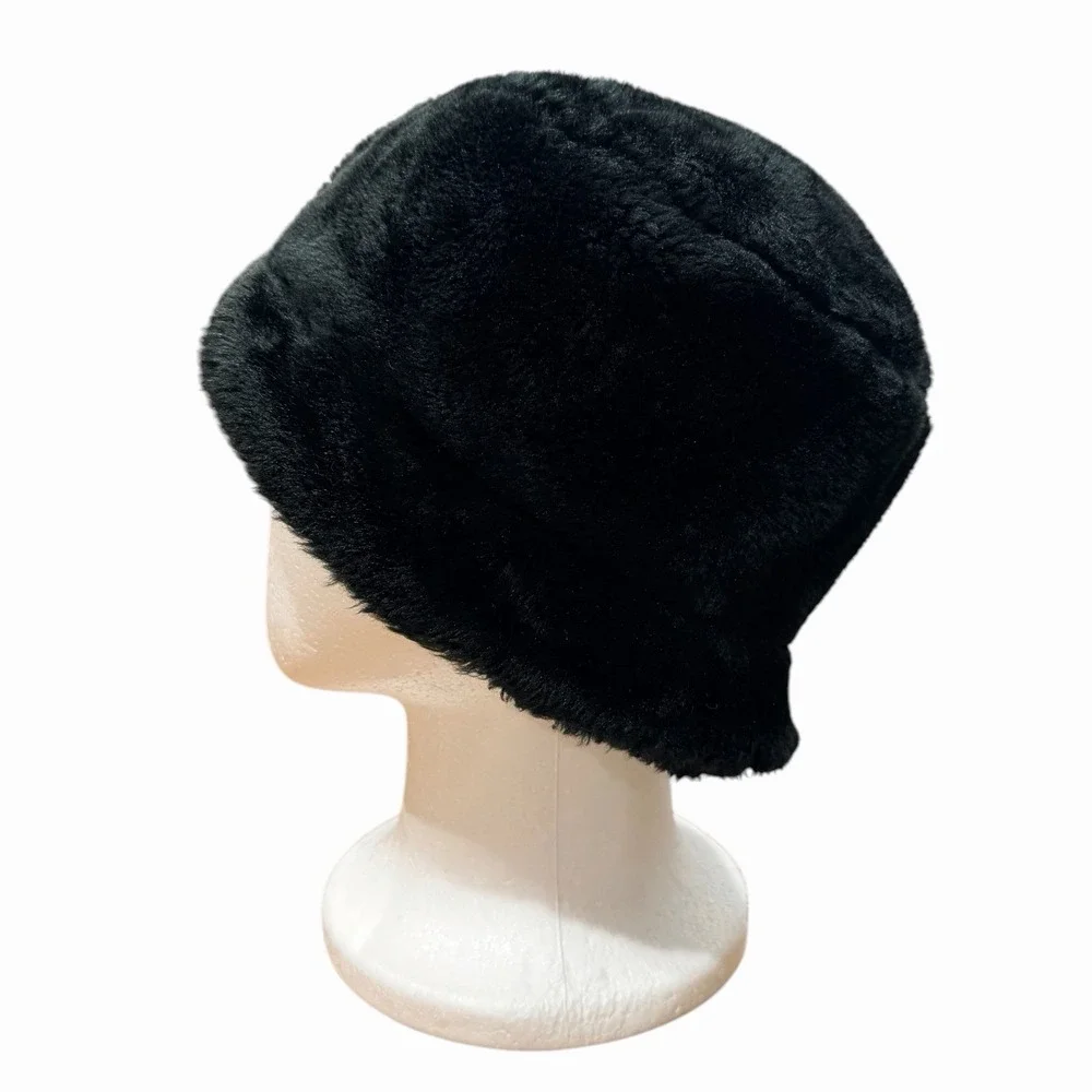 Fluffy‎ Faux Fur Bucket Hat Winter Warm Black Hat for Women Men Accessories